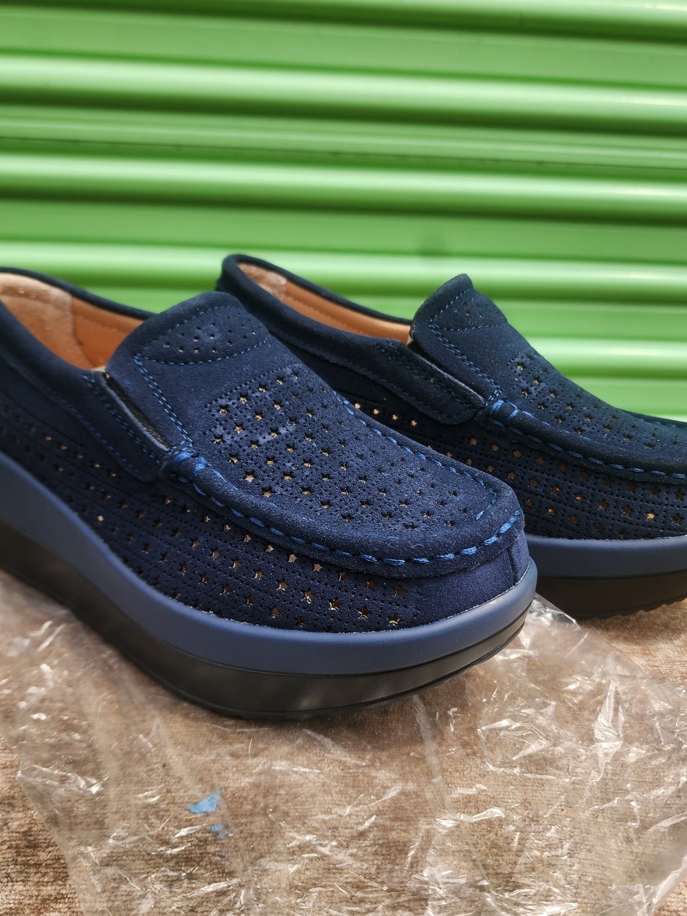 Navy Platform Perforated Slip-On Loafers